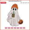 Ghost sipping coffee Halloween embroidery design file, spooky digital pattern for DIY projects, funny ghost with coffee cup.