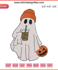 Ghost sipping coffee Halloween embroidery design file, spooky digital pattern for DIY projects, funny ghost with coffee cup.