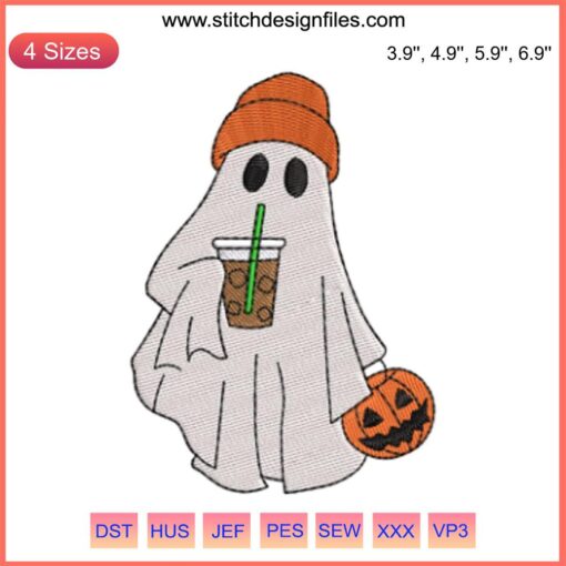 Ghost sipping coffee Halloween embroidery design file, spooky digital pattern for DIY projects, funny ghost with coffee cup.
