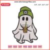 Ghost sipping iced coffee embroidery design, Halloween-themed digitizing file, spooky yet playful embroidery pattern.