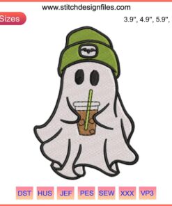 Ghost sipping iced coffee embroidery design, Halloween-themed digitizing file, spooky yet playful embroidery pattern.