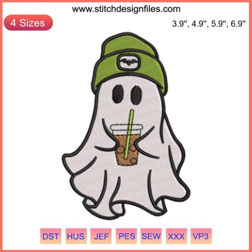 Ghost sipping iced coffee embroidery design, Halloween-themed digitizing file, spooky yet playful embroidery pattern.