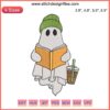 Ghost reading book embroidery design, Halloween stitching, spooky motif, digital craft pattern, DIY decor, festive textile art.