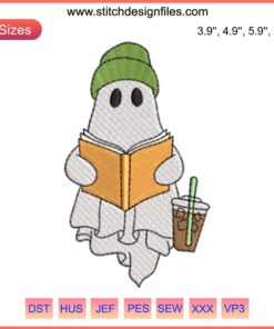 Ghost reading book embroidery design, Halloween stitching, spooky motif, digital craft pattern, DIY decor, festive textile art.