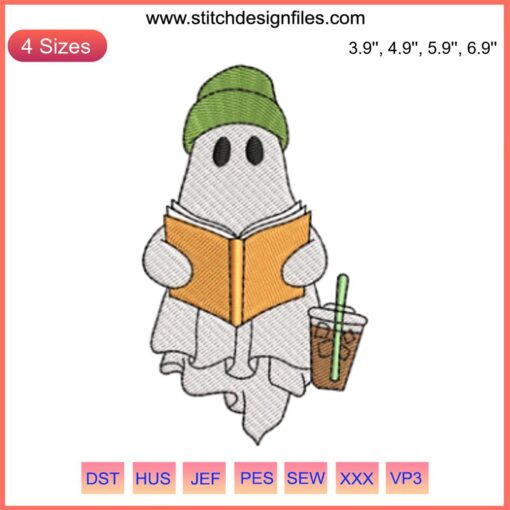 Ghost reading book embroidery design, Halloween stitching, spooky motif, digital craft pattern, DIY decor, festive textile art.