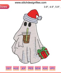 Ghost Christmas Iced Coffee Embroidery Design: Halloween meets Christmas digital stitching, festive ghost sipping iced coffee.