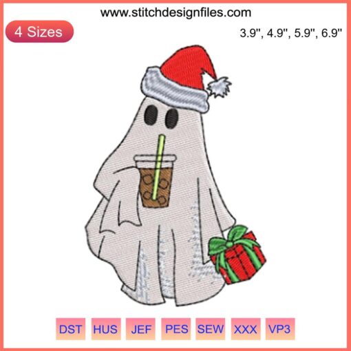 Ghost Christmas Iced Coffee Embroidery Design: Halloween meets Christmas digital stitching, festive ghost sipping iced coffee.