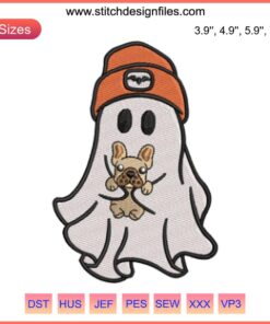 "Adorable ghost embroidery design with dog, perfect for Halloween stitching projects. Digital download for cute Halloween patterns."
