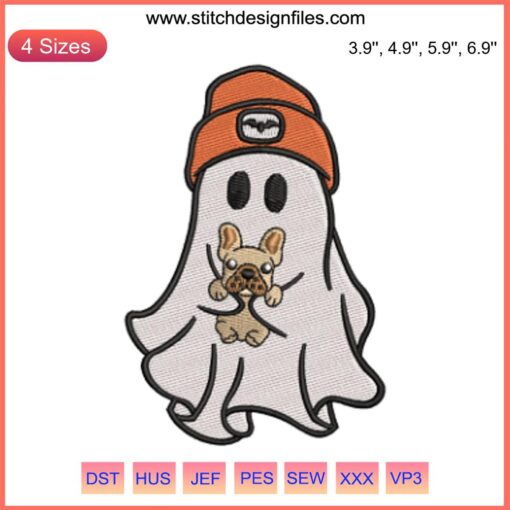 "Adorable ghost embroidery design with dog, perfect for Halloween stitching projects. Digital download for cute Halloween patterns."
