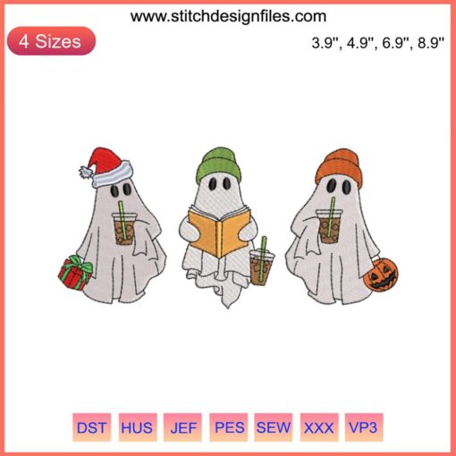 Ghost sipping coffee embroidery design, Halloween 2023, cute spooky digital stitching pattern, festive creative decoration.