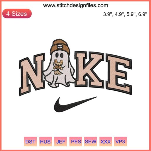 Nike Ghost Dog Embroidery Design | Halloween themed digital stitching featuring a playful ghost and dog.