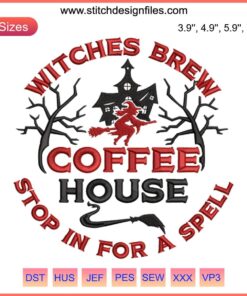 Halloween Witches Brew Coffee House Embroidery Design: Spooky cauldron, steamy cup, festive text, perfect for seasonal decor