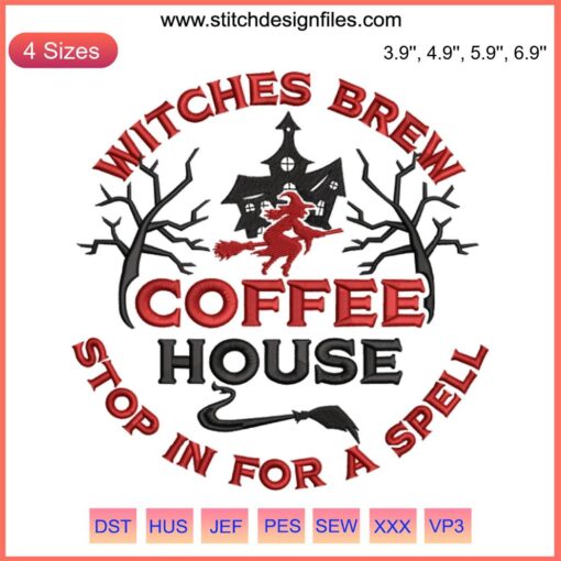 Halloween Witches Brew Coffee House Embroidery Design: Spooky cauldron, steamy cup, festive text, perfect for seasonal decor