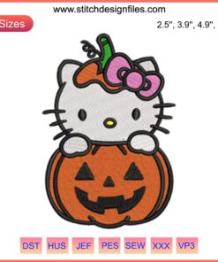 Hello Kitty Pumpkin Embroidery Design: Halloween Sanrio, Digital Stitching, Cute Cartoon, Festive Template