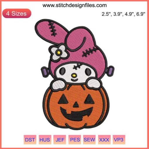 My Melody Pumpkin Embroidery Design: Halloween-themed Sanrio digital stitching featuring My Melody inside a carved pumpkin.