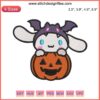 Cinnamoroll dressed as a pumpkin embroidery design, Halloween Sanrio digital stitching, cute Kawaii character sewing pattern.