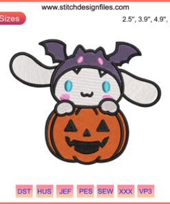Cinnamoroll dressed as a pumpkin embroidery design, Halloween Sanrio digital stitching, cute Kawaii character sewing pattern.