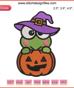 Keroppi Pumpkin Embroidery Design, Halloween Sanrio, Cute Digital Stitching Pattern, Frog Character, Festive Decor.