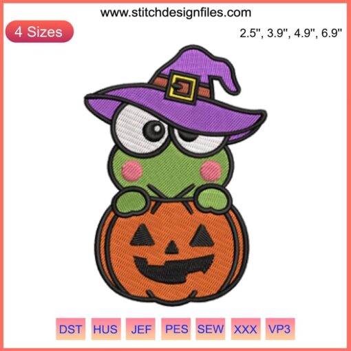 Keroppi Pumpkin Embroidery Design, Halloween Sanrio, Cute Digital Stitching Pattern, Frog Character, Festive Decor.
