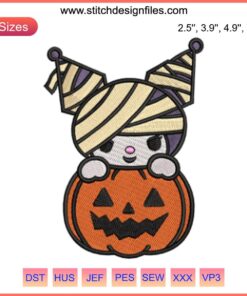 Kuromi Pumpkin Embroidery Design featuring Halloween Sanrio digital stitching in vibrant orange and black tones.