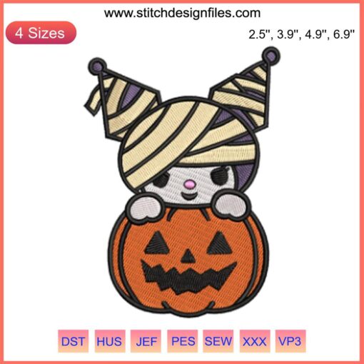 Kuromi Pumpkin Embroidery Design featuring Halloween Sanrio digital stitching in vibrant orange and black tones.