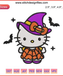 Witch Hello Kitty Embroidery Design: Halloween-themed digital Sanrio stitching featuring charming, spooky elements.