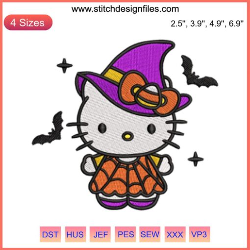 Witch Hello Kitty Embroidery Design: Halloween-themed digital Sanrio stitching featuring charming, spooky elements.