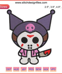 Adorable Kuromi Halloween embroidery design featuring kawaii ghost, pumpkins, and bats for festive digital stitching projects.