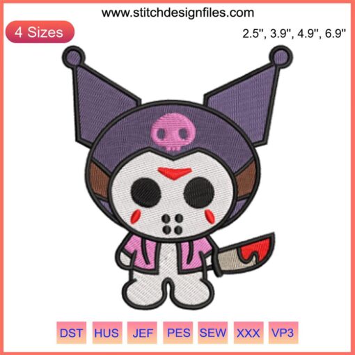 Adorable Kuromi Halloween embroidery design featuring kawaii ghost, pumpkins, and bats for festive digital stitching projects.