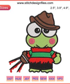 Keroppi Halloween Embroidery Design featuring cute frog in witch hat, digital stitching pattern for festive crafting projects.