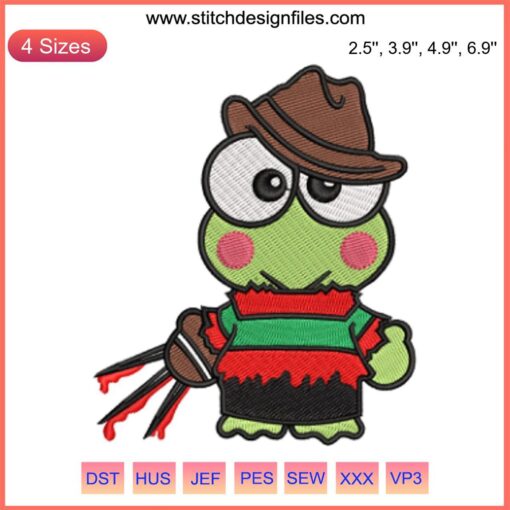 Keroppi Halloween Embroidery Design featuring cute frog in witch hat, digital stitching pattern for festive crafting projects.