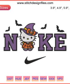 Nike x Hello Kitty Witch Embroidery Design: Spooky Halloween Digital Stitching, Witch Hat, Broomstick, and Hello Kitty Outline.