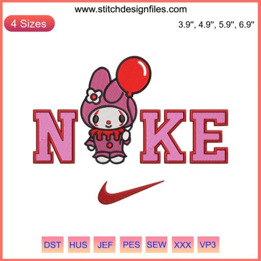 Nike x My Melody Embroidery Design: Cute My Melody and Nike swoosh in a spooky Halloween theme, perfect for digital stitching.