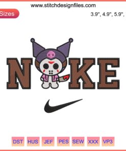 Nike x Kuromi Halloween Embroidery Design: Spooky black cat face with a Nike swoosh, perfect for seasonal digital stitching.