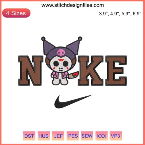 Nike x Kuromi Halloween Embroidery Design: Spooky black cat face with a Nike swoosh, perfect for seasonal digital stitching.