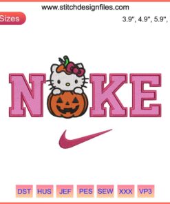 Nike Hello Kitty Pumpkin Embroidery Design: Cute Hello Kitty with pumpkin, Halloween-themed digital stitching for seamless use.