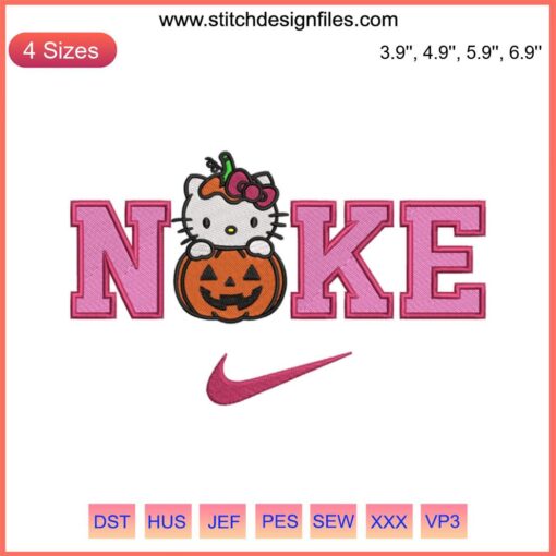 Nike Hello Kitty Pumpkin Embroidery Design: Cute Hello Kitty with pumpkin, Halloween-themed digital stitching for seamless use.