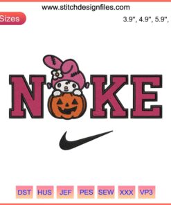 Nike My Melody Pumpkin Halloween Embroidery Design: Cute digital stitching featuring a pumpkin with My Melody-themed Halloween motifs.