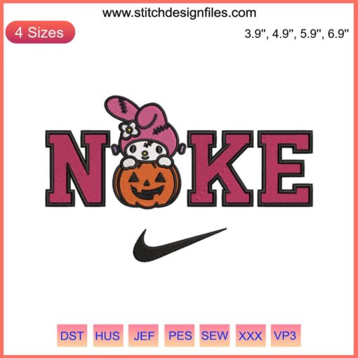 Nike My Melody Pumpkin Halloween Embroidery Design: Cute digital stitching featuring a pumpkin with My Melody-themed Halloween motifs.