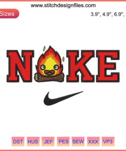 Nike Camping Flame Embroidery Design: Bold flames with humorous flair for digital stitching, unique fire-themed pattern.