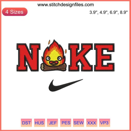Nike Camping Flame Embroidery Design: Bold flames with humorous flair for digital stitching, unique fire-themed pattern.