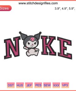 Nike Kuromi embroidery design featuring Kuromi x My Melody characters in digital stitching on vibrant fabric.