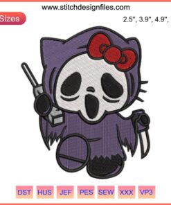 Hello Kitty Ghostface Embroidery Design: Cute Halloween Digital Stitching, Spooky Kitty Pattern for DIY Projects.