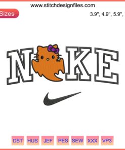 Nike x Hello Kitty Ghost Embroidery Design featuring Sanrio's Hello Kitty in a cute ghost outfit for Halloween stitching projects.