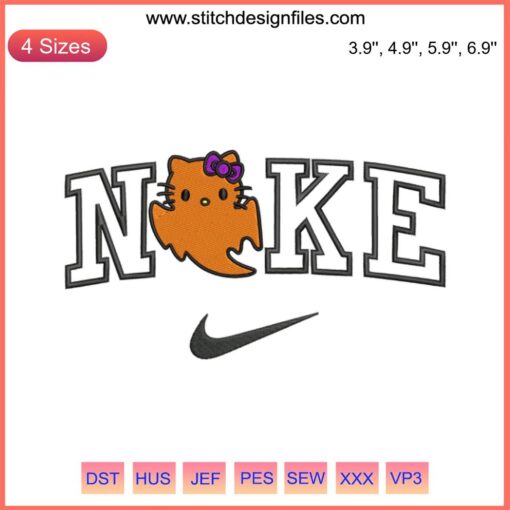 Nike x Hello Kitty Ghost Embroidery Design featuring Sanrio's Hello Kitty in a cute ghost outfit for Halloween stitching projects.