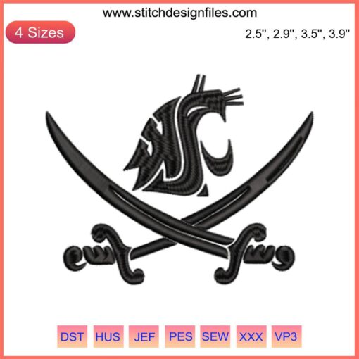 WSU Pirate Swing Your Sword Embroidery Design - Washington State Cougars Football Digitizing File, Sports Embroidery Pattern