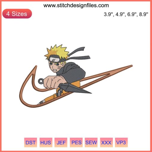 Naruto Embroidery Design: Anime Ninja in Motion, Nike Style, Digital Download | Unique Embroidered Art for Apparel