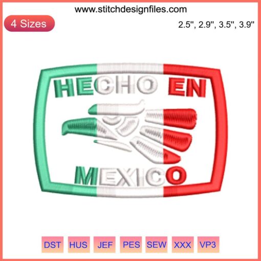 Hecho En Mexico Eagle Embroidery Design featuring iconic eagle and serpent, vibrant colors for Mexican Independence Day stitching.