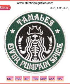 Starbucks x Tamales Pumpkin Spice Embroidery Design: Halloween-themed digital stitching for unique accessories or crafts.