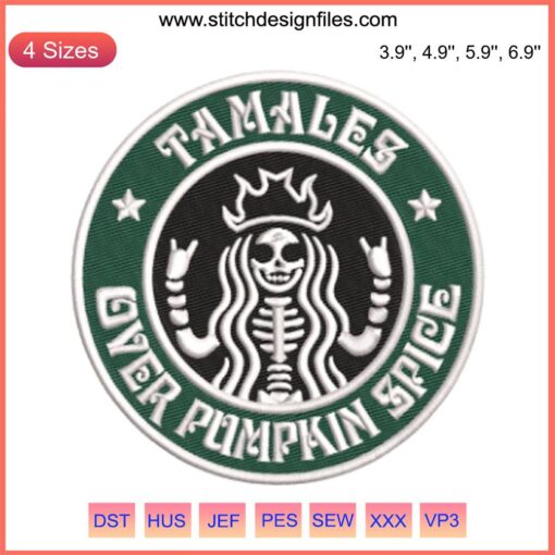 Starbucks x Tamales Pumpkin Spice Embroidery Design: Halloween-themed digital stitching for unique accessories or crafts.